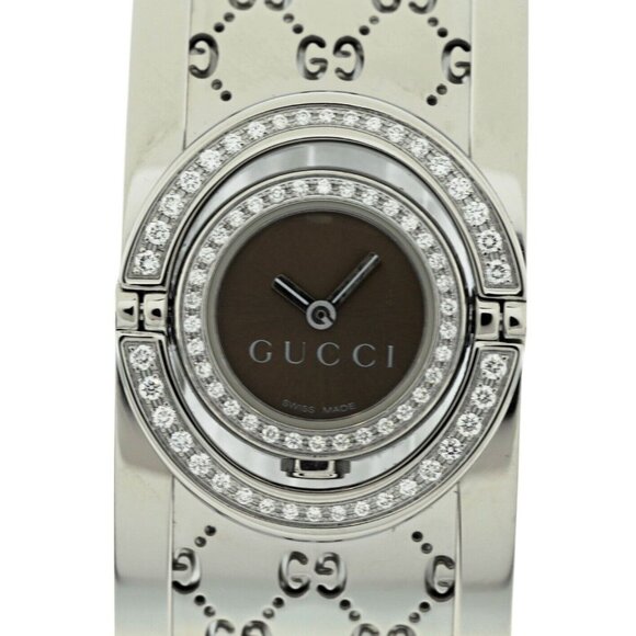 Gucci Twirl 23mm Ladies Brown Dial Double Diamond Bezel Watch! Ref: YA112504! - Picture 1 of 9